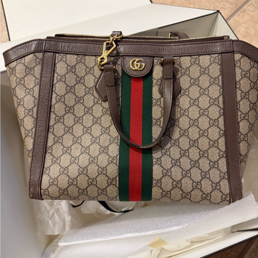 Gucci Beige and Brown Tote with Green and Red Stripe